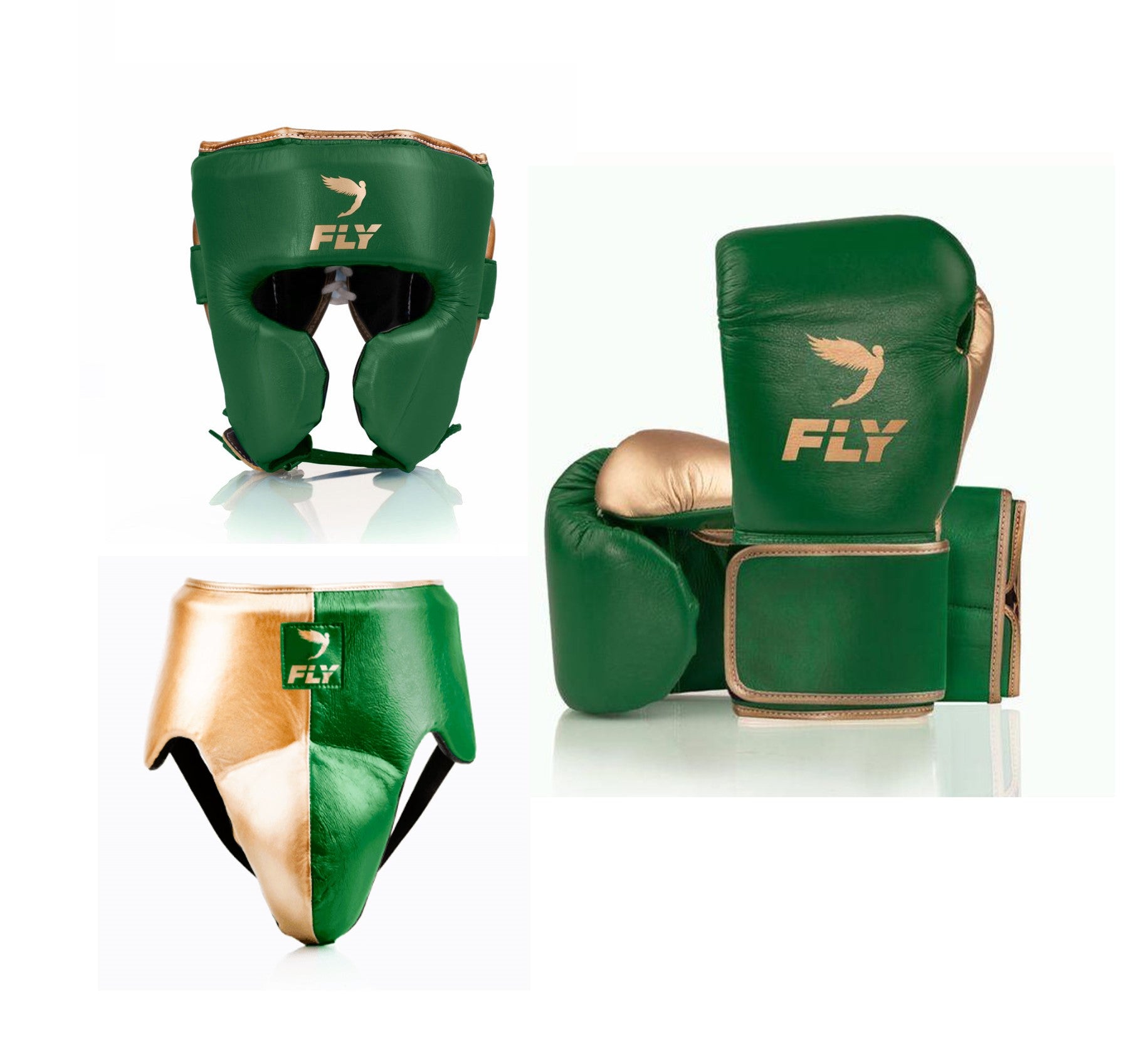 Customizable Green and Gold Fly Boxing Set, Fly Velcro Boxing Gloves, Cheeks Head Guard, and Groin Protector