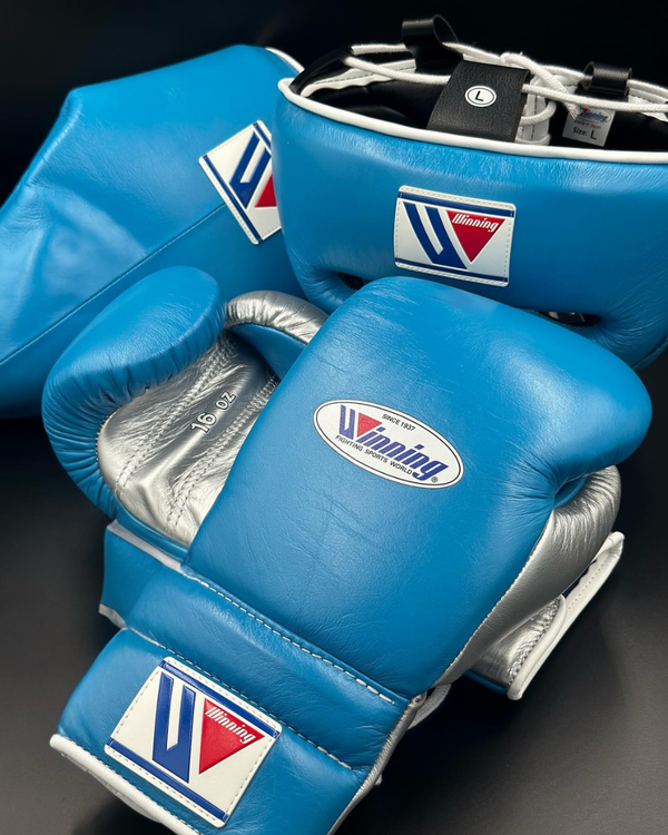 Customizable Sky Blue and Silver Winning Boxing Sets With Cheeks Head Guard
