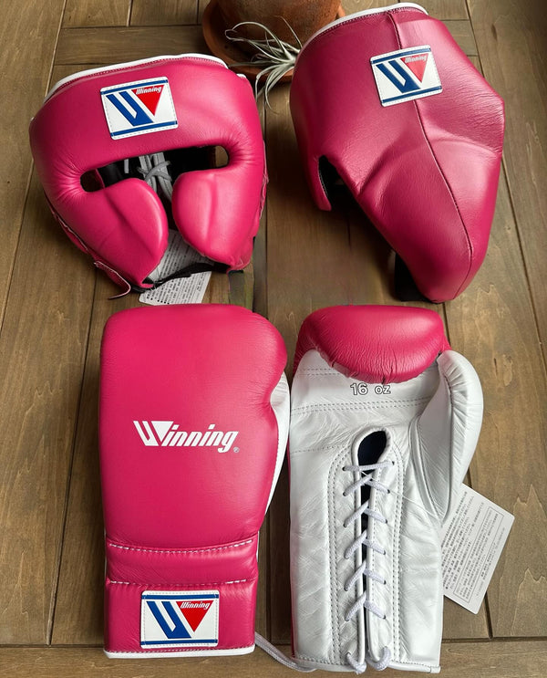 Customizable Pink and White Winning Boxing Sets With Cheeks Head Guard