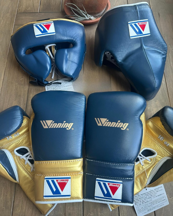 Customizable Navy and Gold Winning Boxing Sets With Cheeks Head Guard
