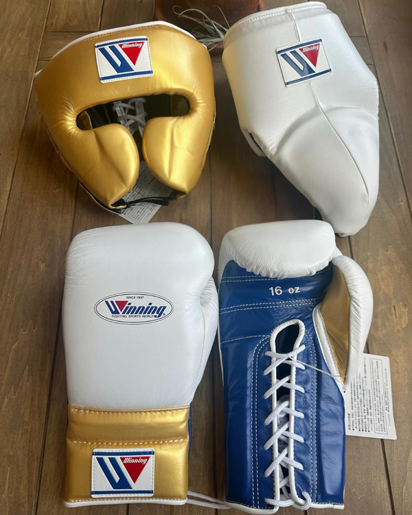 Customizable Gold and White Winning Boxing Sets With Cheeks Head Guard