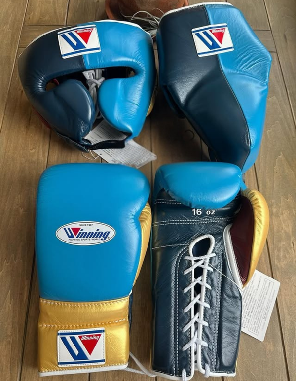 Customizable Prussian Blue and Sky Blue Winning Boxing Sets With Cheeks Head Guard