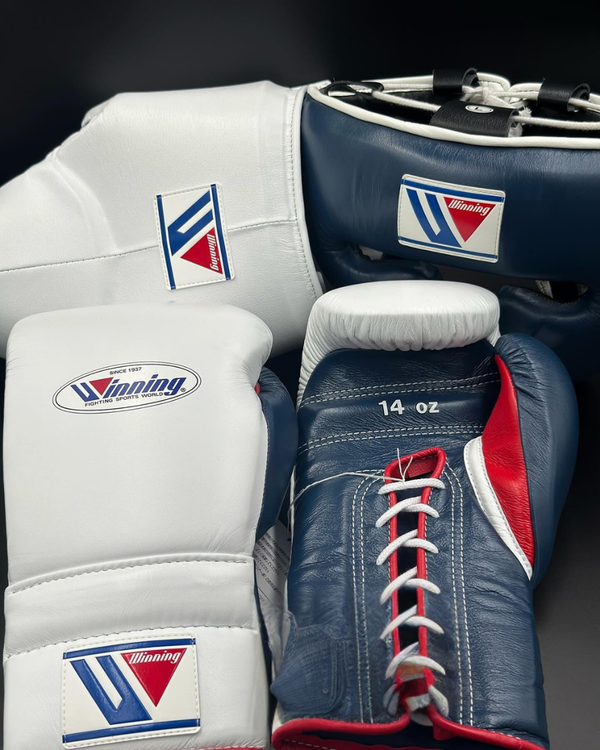 Customizable White and Prussian Blue Winning Boxing Sets With Cheeks Head Guard