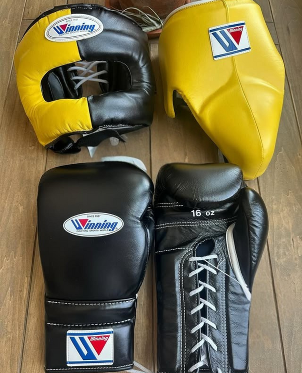 Customizable Yellow and Black Winning Boxing Sets With Cheeks Head Guard