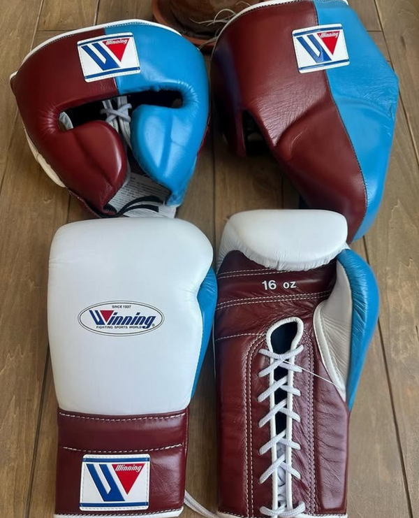 Customizable Brown and Sky Blue Winning Boxing Sets With Cheeks Head Guard