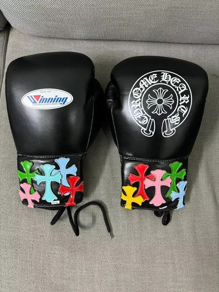 Black Chrome Heart Winning Boxing Gloves, Winning Lace up Boxing Gloves, Winning Velcro Boxing Gloves, Christmas Gift for Men's and Women's, Thanksgiving Gifts for Him and Her - Black
