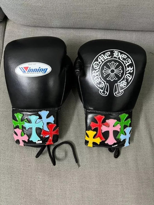 Black Chrome Heart Winning Boxing Gloves, Winning Lace up Boxing Gloves, Winning Velcro Boxing Gloves, Christmas Gift for Men's and Women's, Thanksgiving Gifts for Him and Her - Black