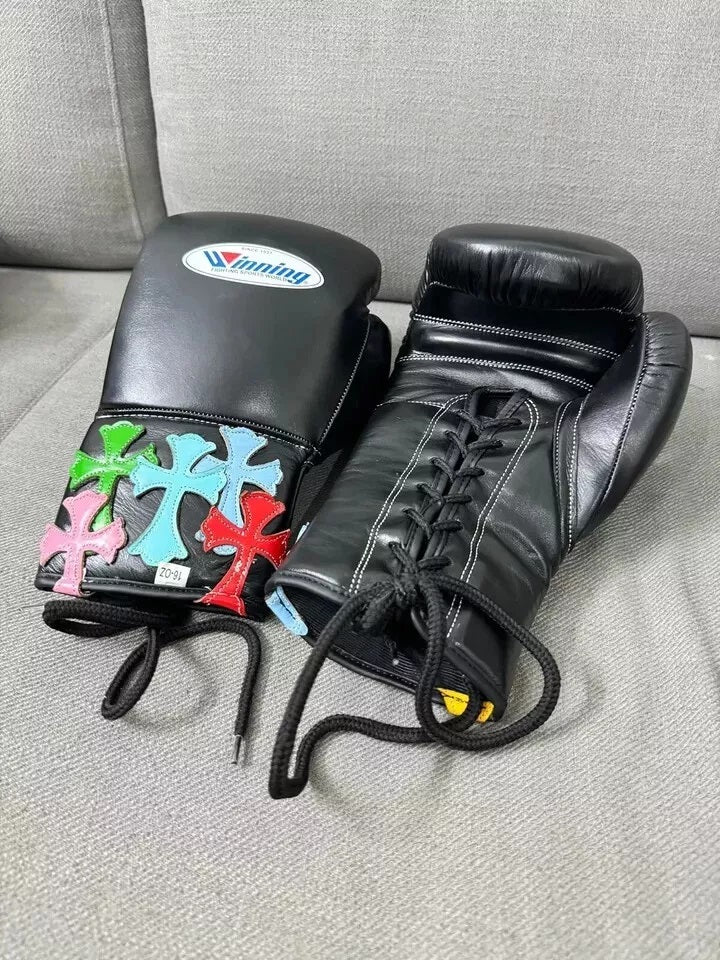 Black Chrome Heart Winning Boxing Gloves, Winning Lace up Boxing Gloves, Winning Velcro Boxing Gloves, Christmas Gift for Men's and Women's, Thanksgiving Gifts for Him and Her - Black