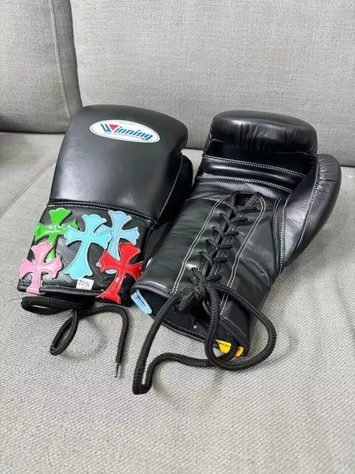 Black Chrome Heart Winning Boxing Gloves, Winning Lace up Boxing Gloves, Winning Velcro Boxing Gloves, Christmas Gift for Men's and Women's, Thanksgiving Gifts for Him and Her - Black