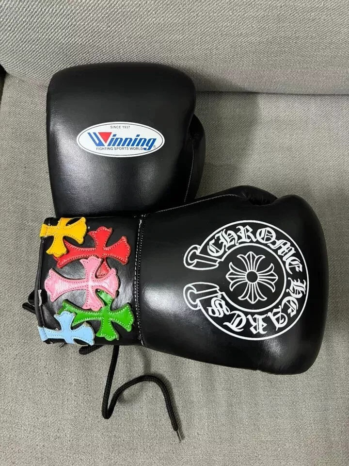 Black Chrome Heart Winning Boxing Gloves, Winning Lace up Boxing Gloves, Christmas Gift for Men's and Women's, Thanksgiving Gifts for Him and Her - Black