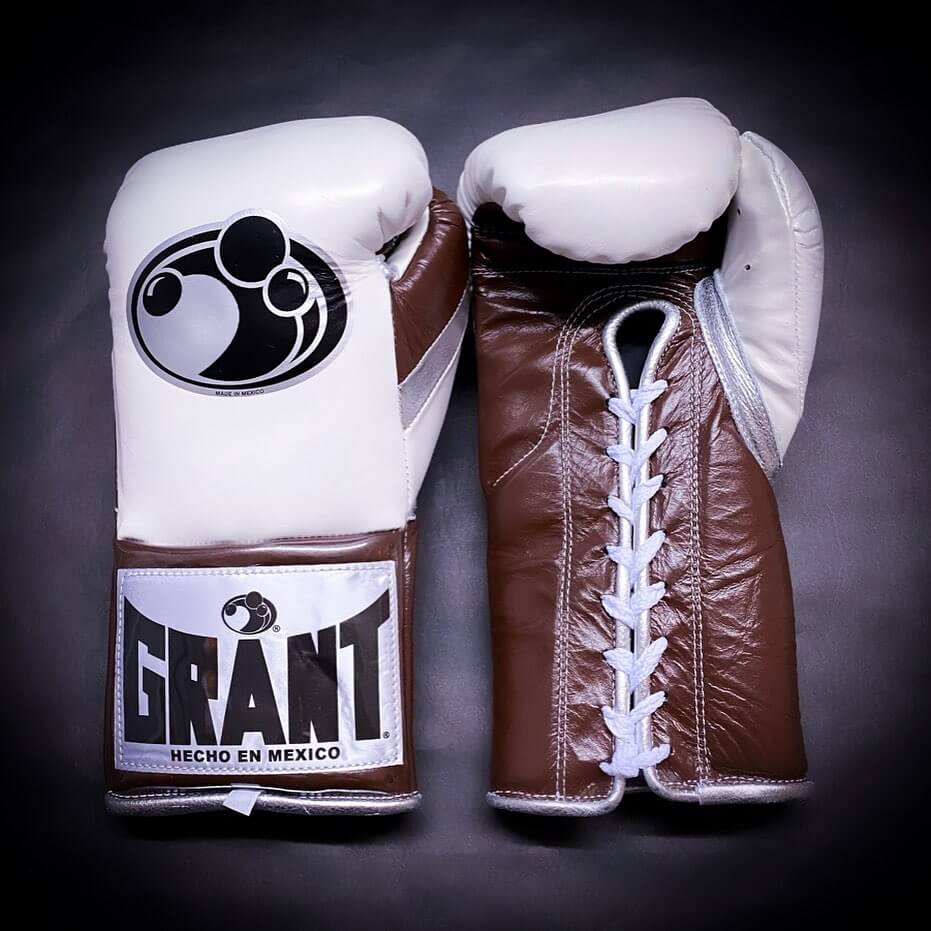 Customizable Grant Boxing Gloves White/Brown/Silver Lace-Up