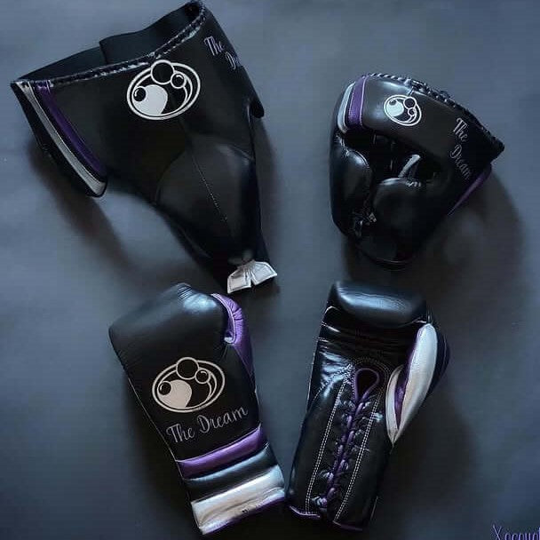 Customizable Black/Purple/Silver Grant Boxing Sets With Cheeks Head Guard and Groin Guard Protector