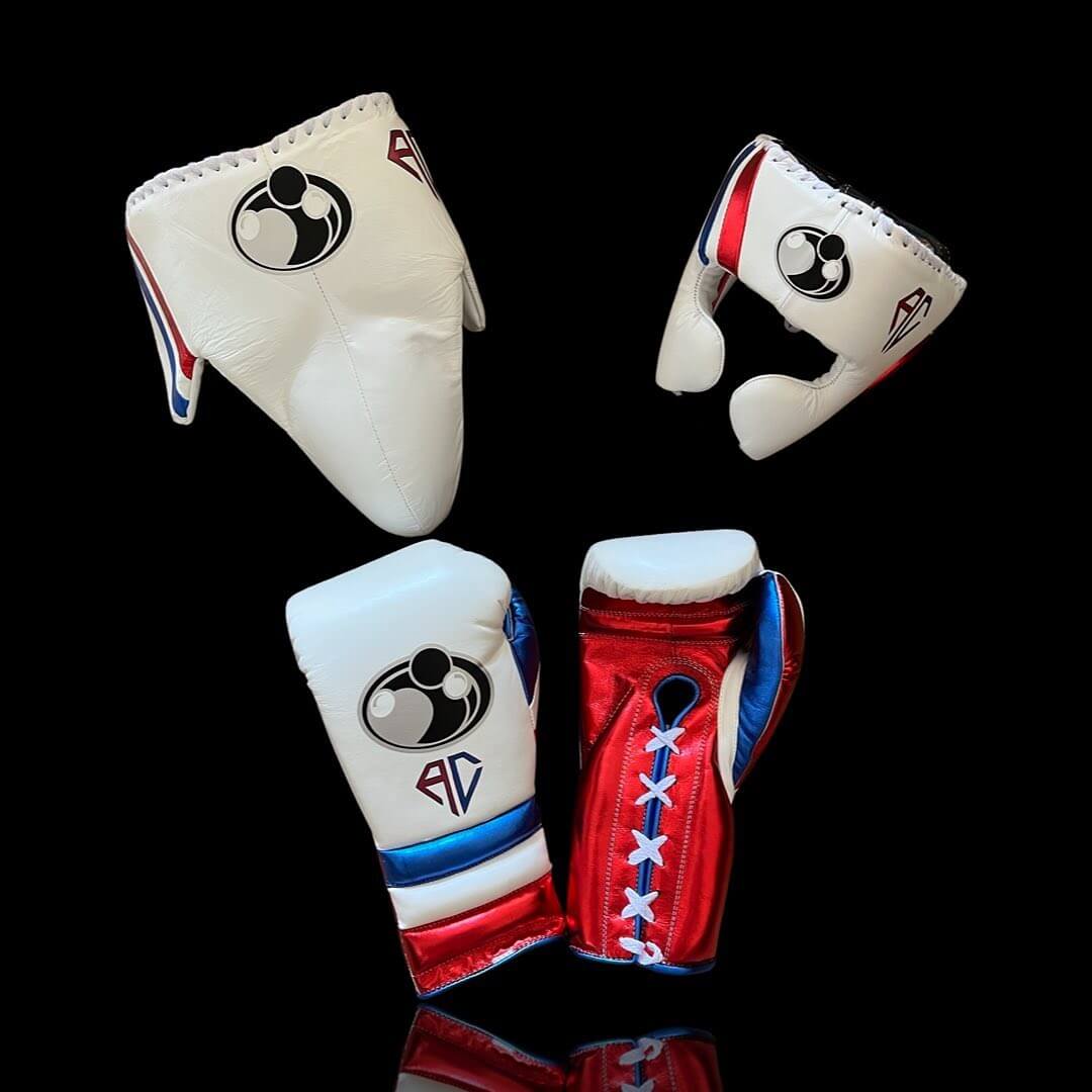 Customizable White/Red/Blue Grant Boxing Sets With Cheeks Head Guard and Groin Guard Protector