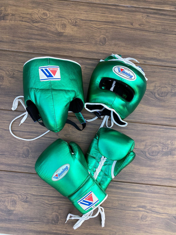 Customizable Green Winning Boxing Sets With Nose Bar Head Guard