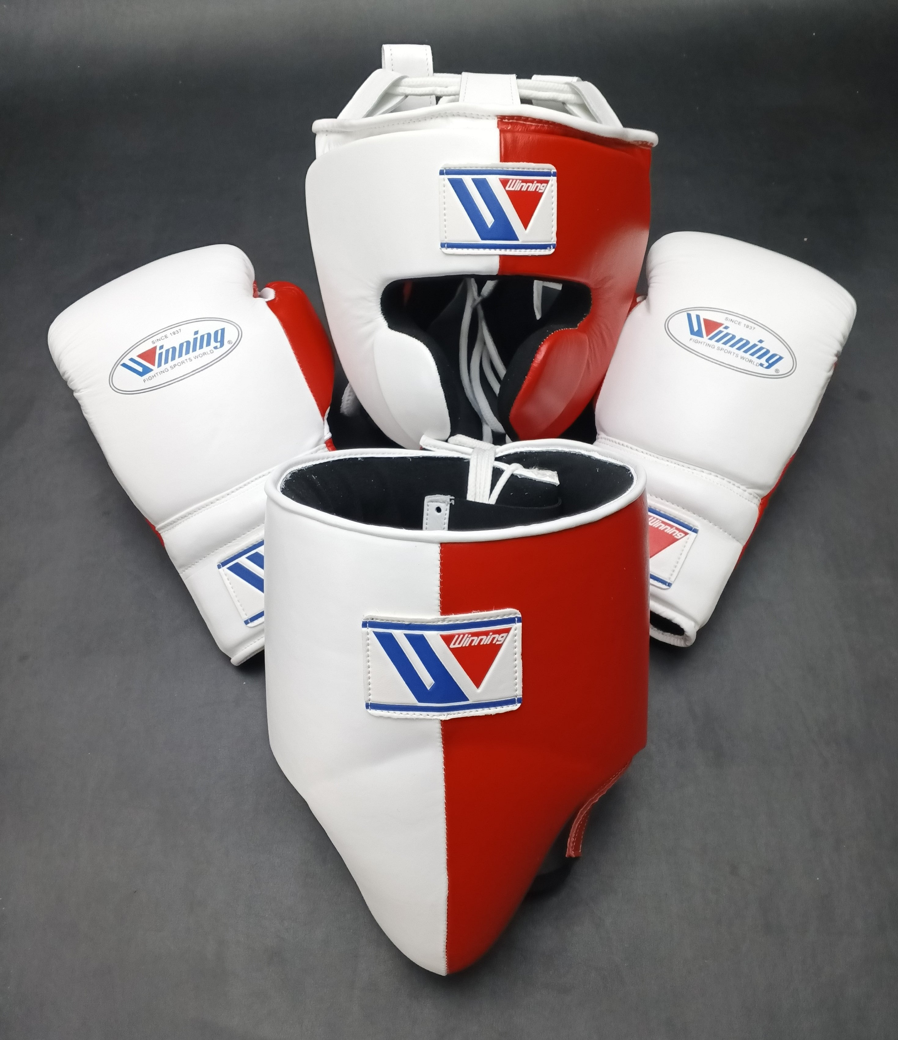 Customizable White and Red Winning Boxing Sets With Cheeks Head Guard