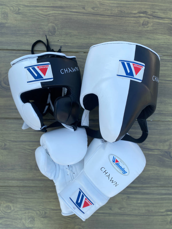 Customizable White and Black Winning Boxing Sets With Cheeks Head Guard