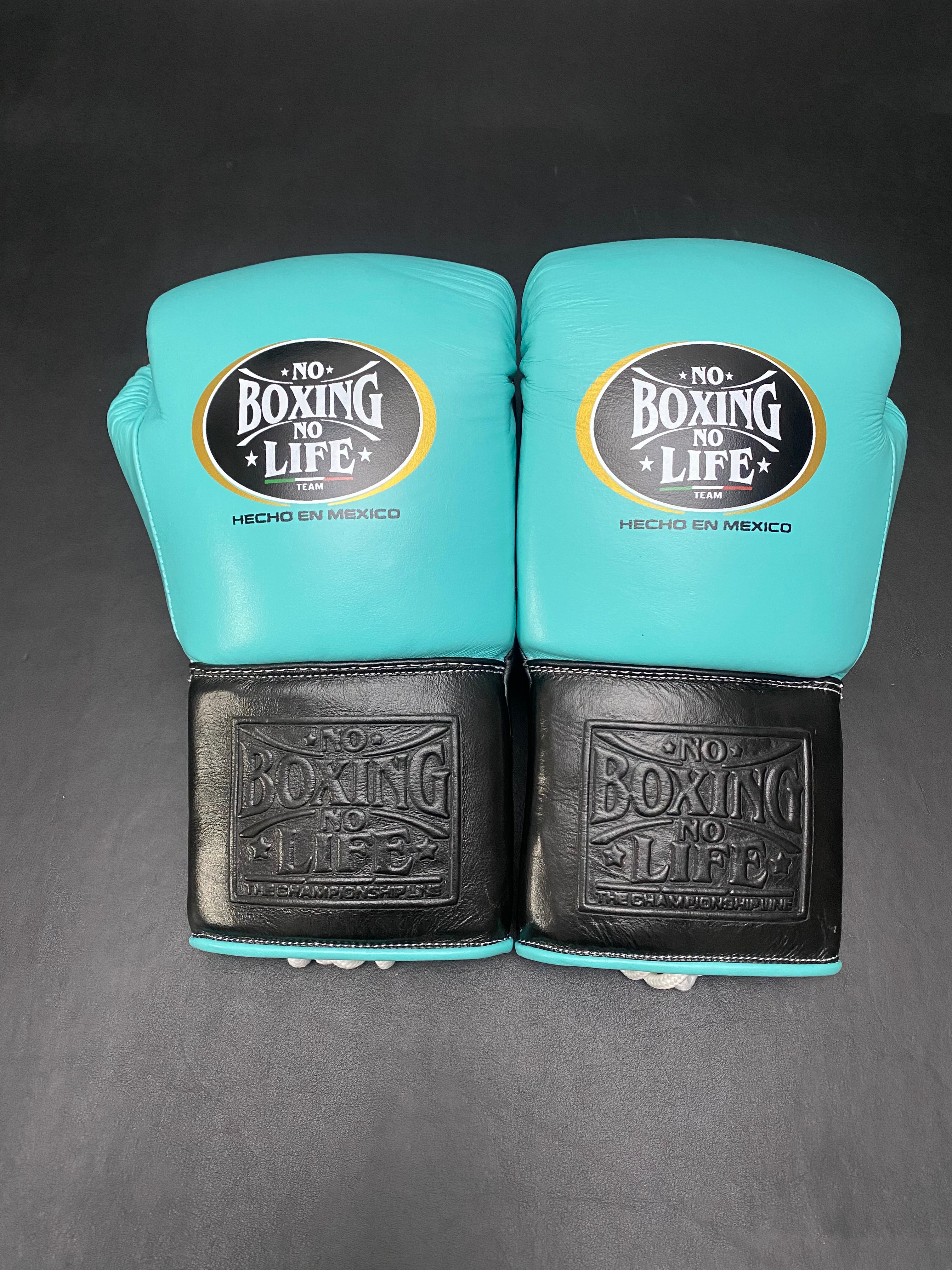 Customizable Turquoise blue and Black No Boxing No Life Boxing Gloves, No Boxing No Life Lace Up Boxing Gloves