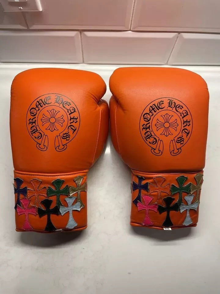 Orange Chrome Heart Winning Boxing Gloves, Pro Winning Velcro Boxing Gloves, Pro Winning Lace up Boxing Gloves, Christmas Gift for Men's and Women's, Thanksgiving Gifts for Him and Her - Orange