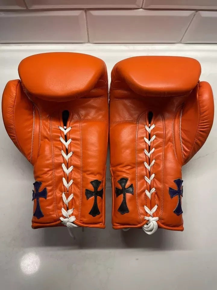 Orange Chrome Heart Winning Boxing Gloves, Pro Winning Velcro Boxing Gloves, Pro Winning Lace up Boxing Gloves, Christmas Gift for Men's and Women's, Thanksgiving Gifts for Him and Her - Orange