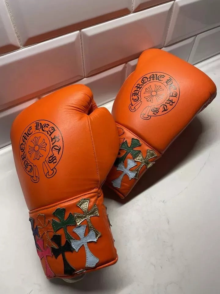 Orange Chrome Heart Winning Boxing Gloves, Pro Winning Velcro Boxing Gloves, Pro Winning Lace up Boxing Gloves, Christmas Gift for Men's and Women's, Thanksgiving Gifts for Him and Her - Orange