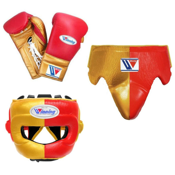 Customizable Gold and Red Winning Boxing Sets With Nose Bar Head Guard