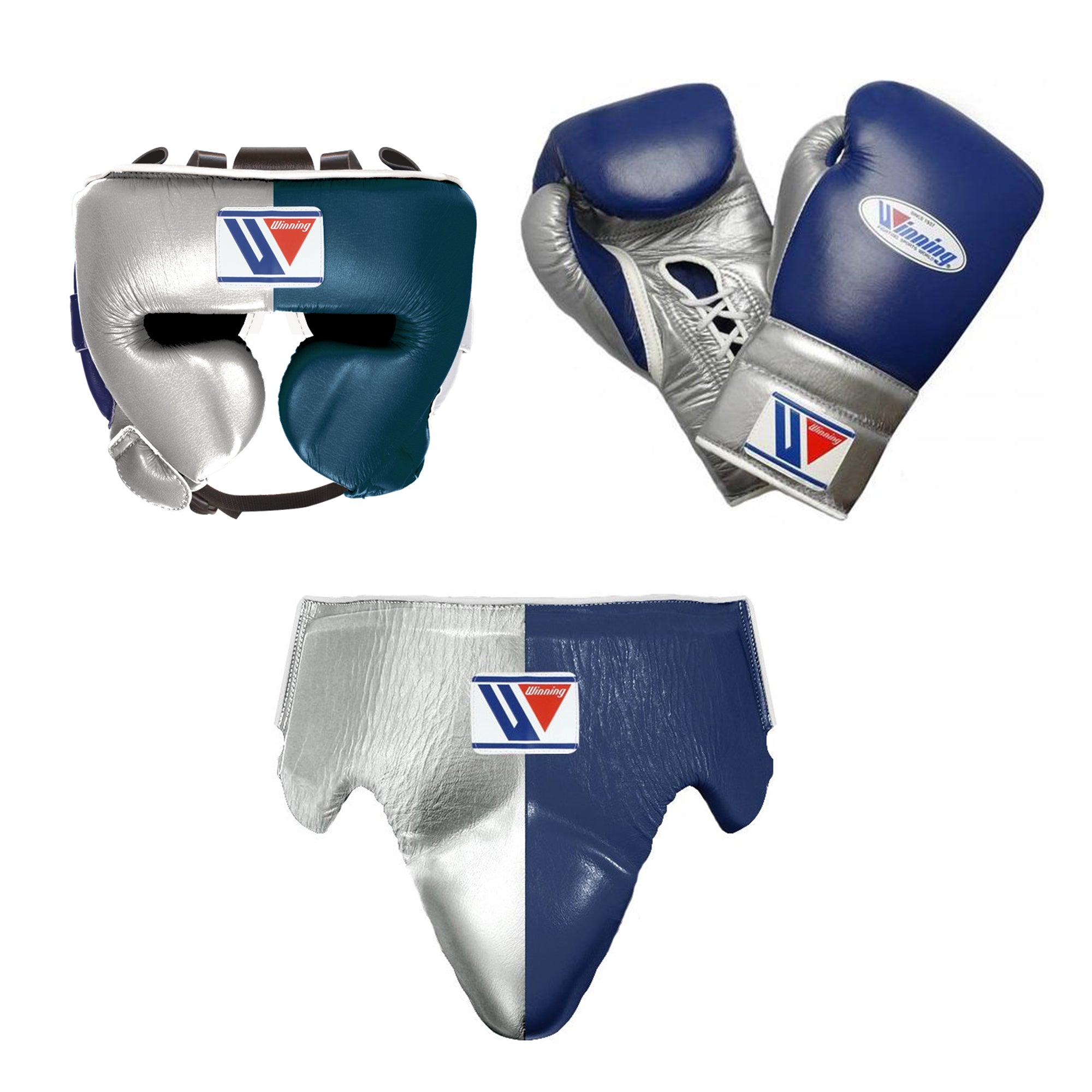 Customizable Silver and Navy Winning Boxing Sets With Cheeks Head Guard