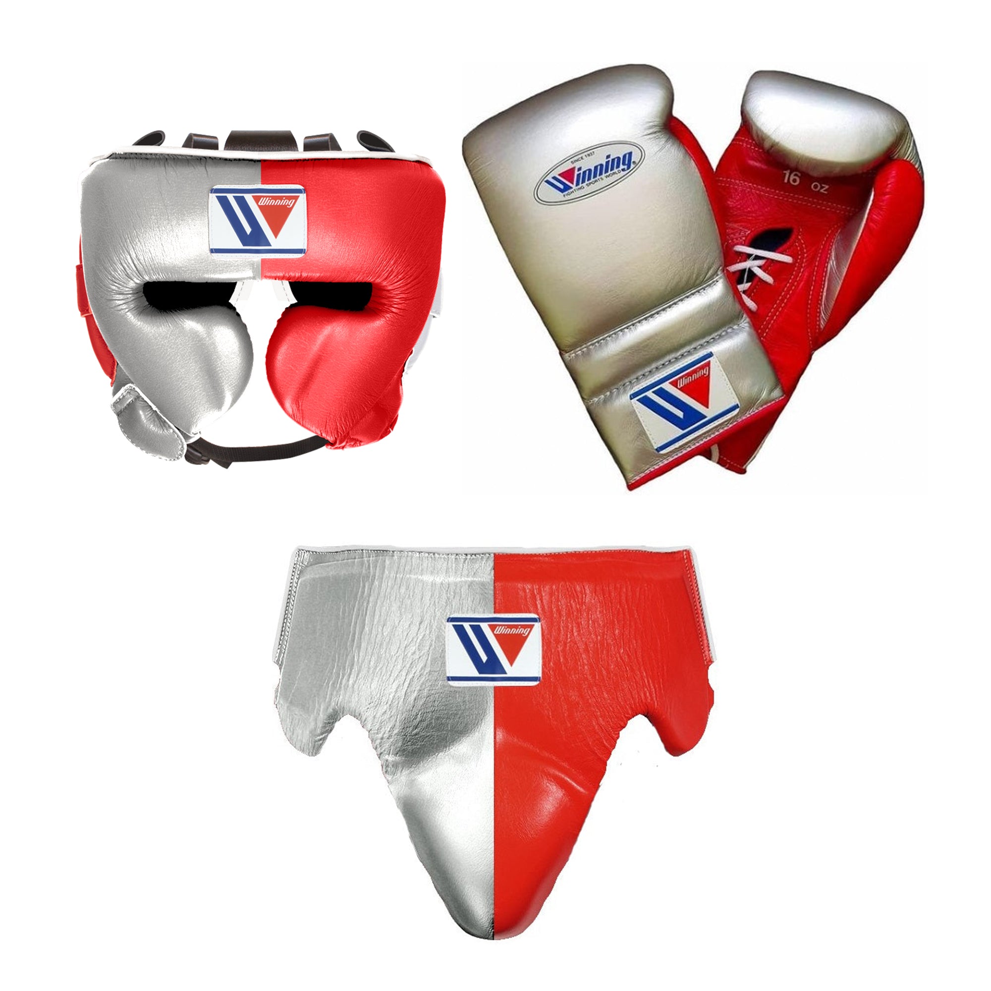 Customizable Silver and Red Winning Boxing Sets With Cheeks Head Guard