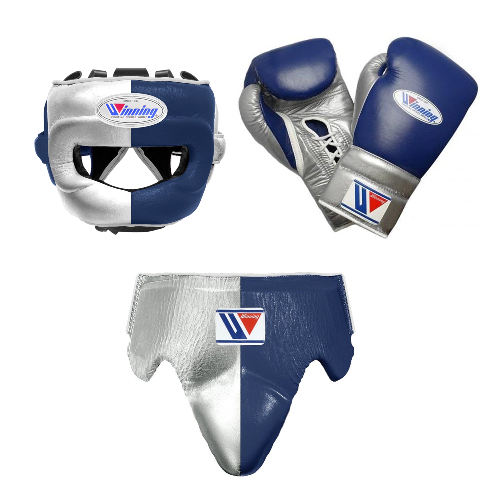 Customizable Silver and Navy Winning Boxing Sets With Nose Bar Head Guard