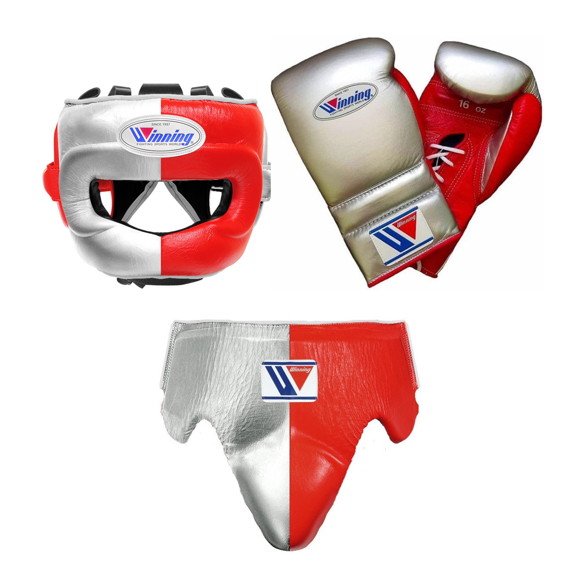 Customizable Silver and Red Winning Boxing Sets With Nose Bar Head Guard