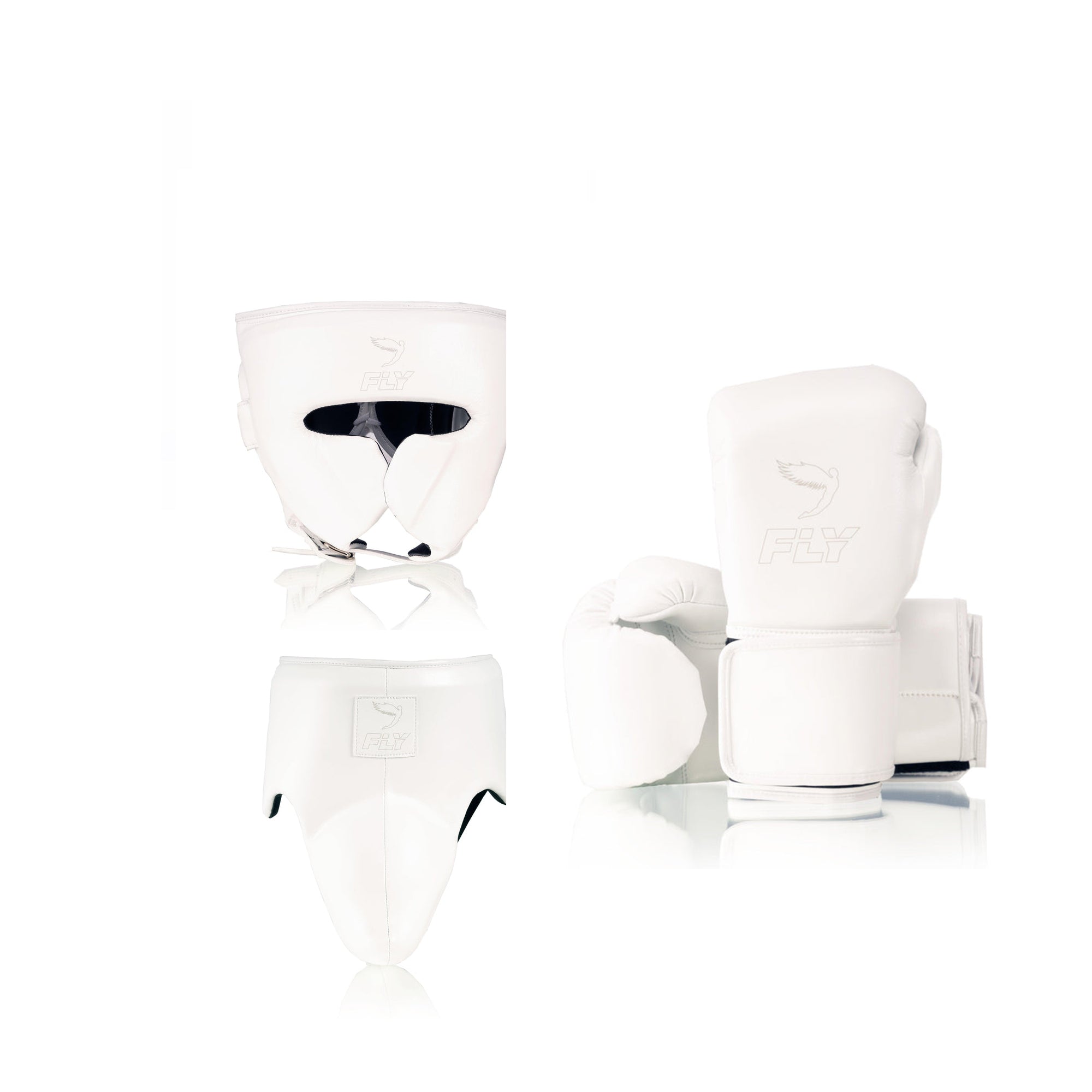 Customizable White Fly Boxing Set, Fly Velcro Boxing Gloves, Full Face Head Guard, and Groin Protector
