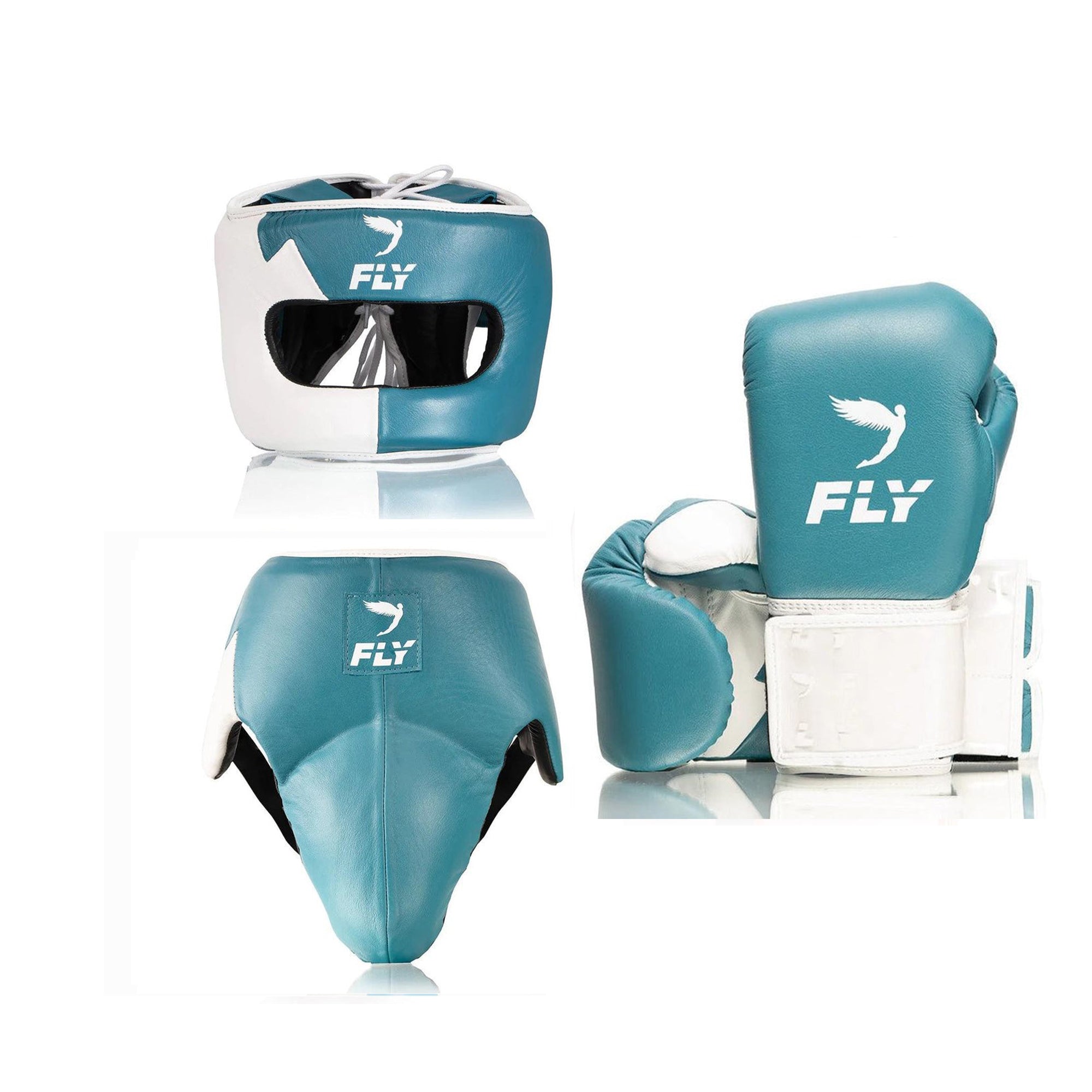 Customizable Aqua and White Fly Boxing Set, Fly Velcro Boxing Gloves, and Full Face Head Guard Christmas Gift for Men's and Women's, Thanksgiving Gifts for Him and Her
