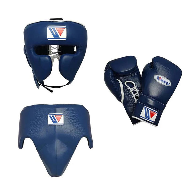 Customizable Navy Blue Winning Boxing Sets With Cheeks Head Guard