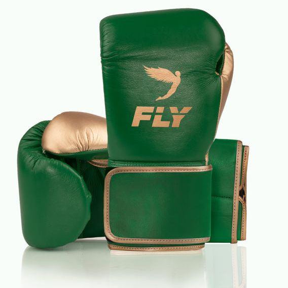 Customizable Green and Gold Fly Boxing Set, Fly Velcro Boxing Gloves, Cheeks Head Guard, and Groin Protector
