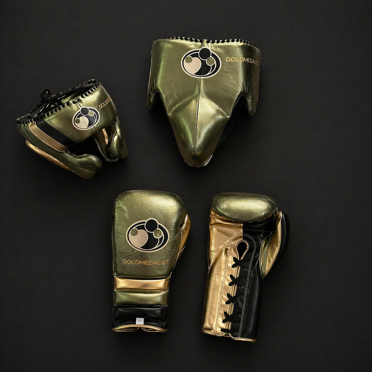 Customizable Green/Gold/Black Grant Boxing Sets With Cheeks Head Guard and Groin Guard Protector