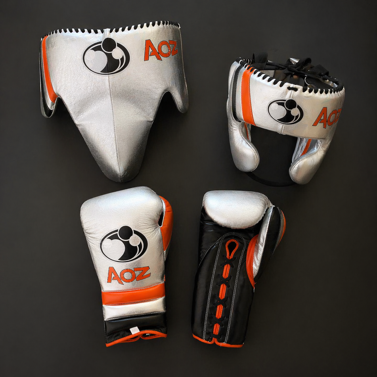 Customizable Silver/Orange/Black Grant Boxing Sets With Cheeks Head Guard and Groin Guard Protector