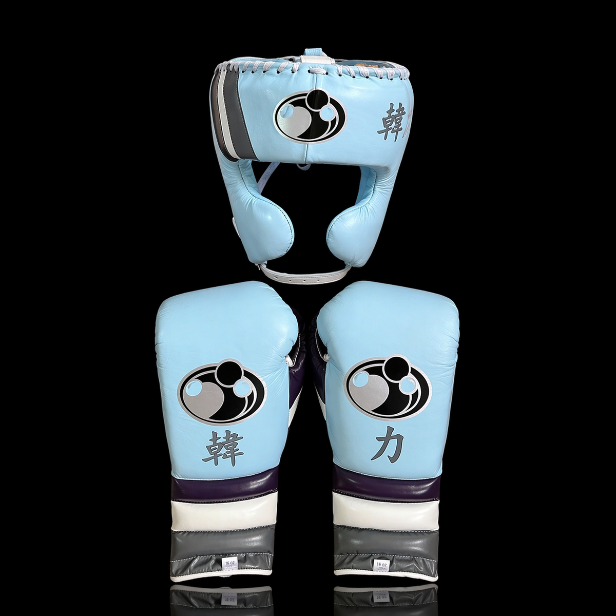 Customizable Sky-Blue/Purple/White Grant Boxing Sets With Cheeks Head Guard and Groin Guard Protector
