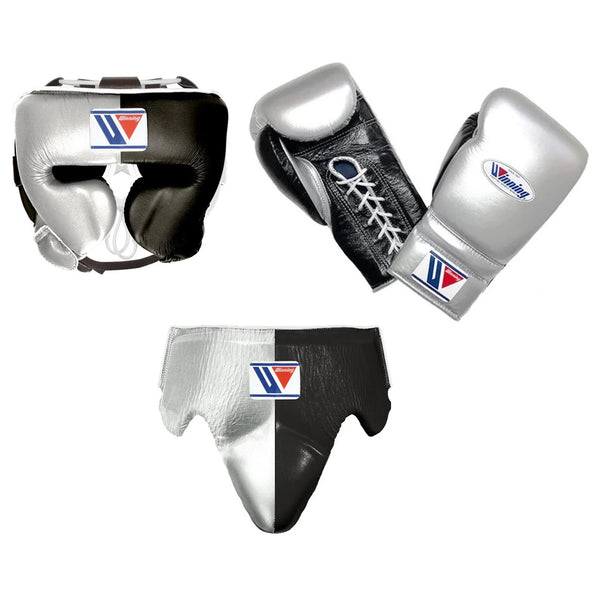 Customizable Silver and Black Winning Boxing Sets With Cheeks Head Guard
