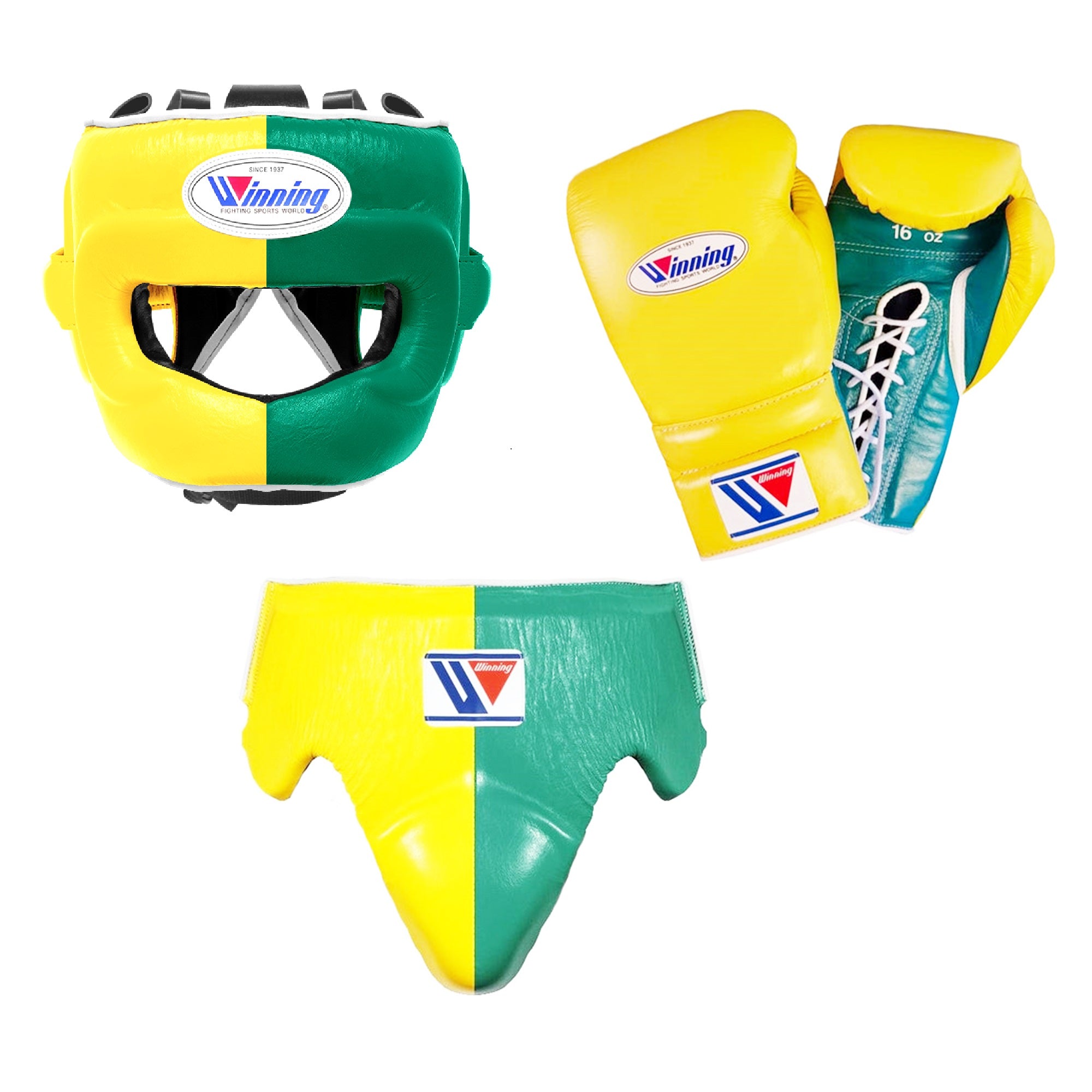 Customizable Yellow and Green Winning Boxing Sets With Nose Bar Head Guard